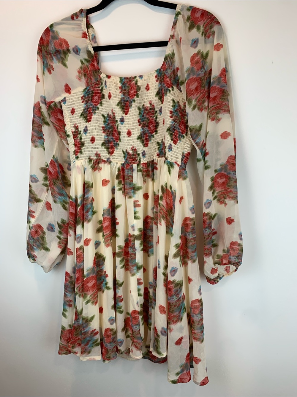 White floral smocked mini dress sz L summer wedding guest bridal shower feminine - Picture 6 of 7